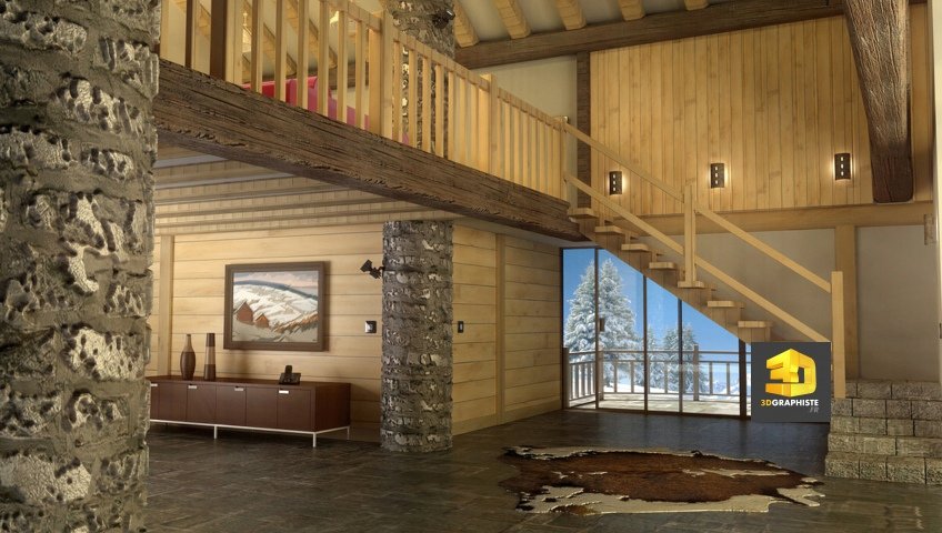 Perspective 3D d\'intérieur d\'un Chalet de montagne - 3DGRAPHISTE.FR Perspective 3D d\'intérieur d\'un Chalet de montagne - 3DGRAPHISTE.FR