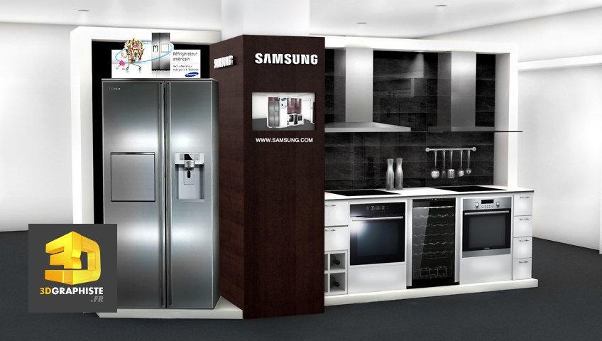 Creation de meubles PLV de presentation cuisines samsung