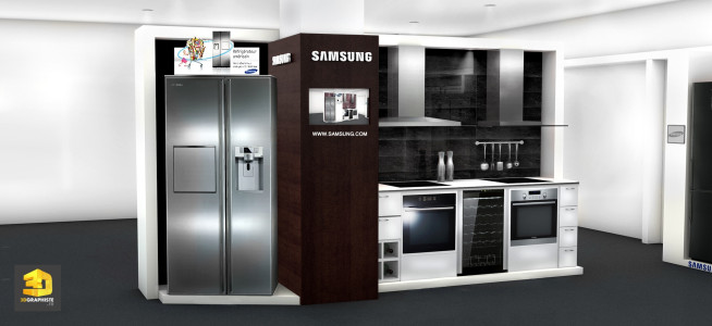 Création de meubles PLV de presentation cuisines Samsung