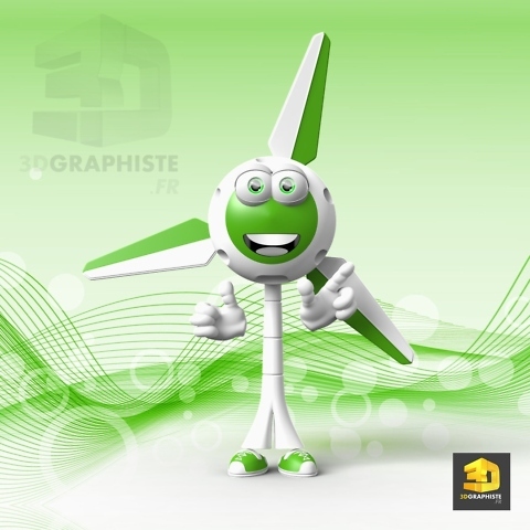 Illustrateur 3D - Mascotte 3D Éolienne - Personnage 3D Éolienne