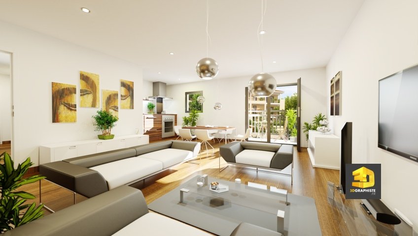 appartement t3 séjour - infographiste 3d - résidence jardins de Lys