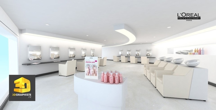 Illustration 3D des PLV dans un salon de coiffure L’Oréal