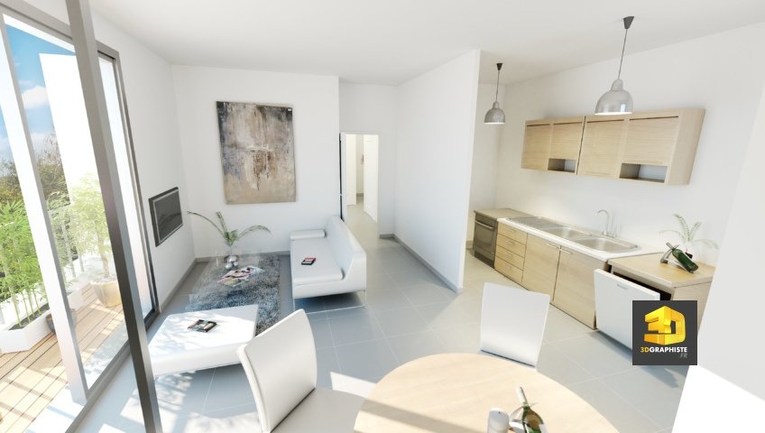 Perspective 3D Architecture - Séjour Cuisine - Infographiste 3D
