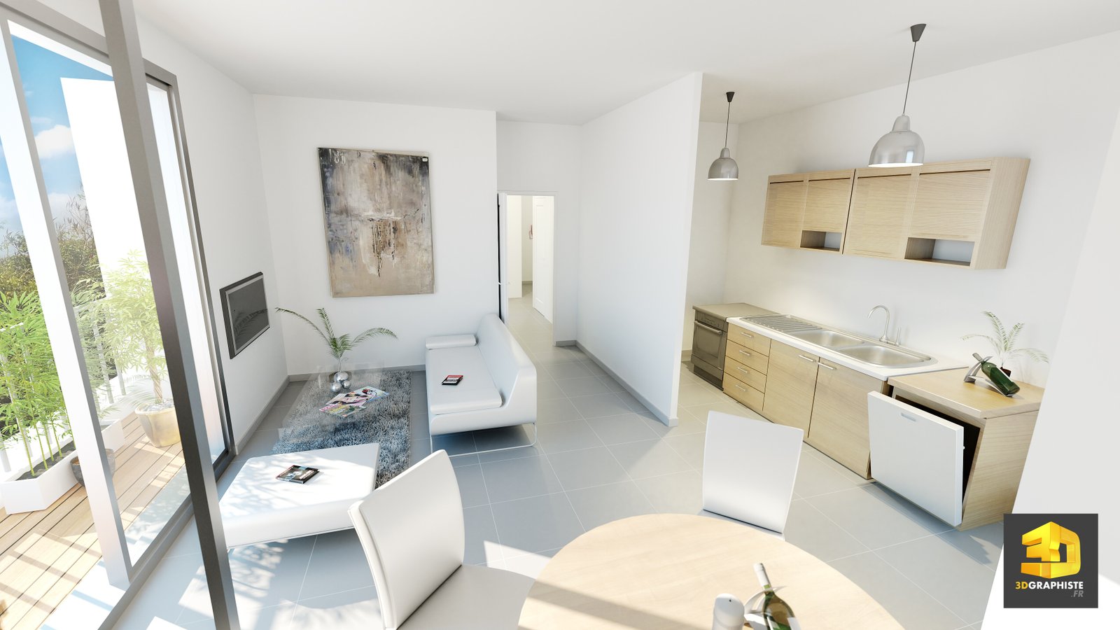 Perspective 3D Architecture – Séjour Cuisine – Infographiste 3D perspectiviste 3D