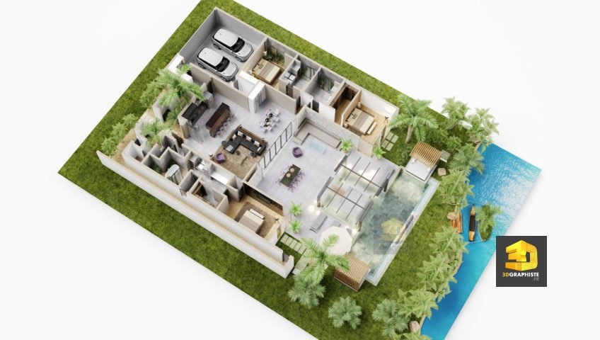 axonométrie - plan 3d villa de luxe